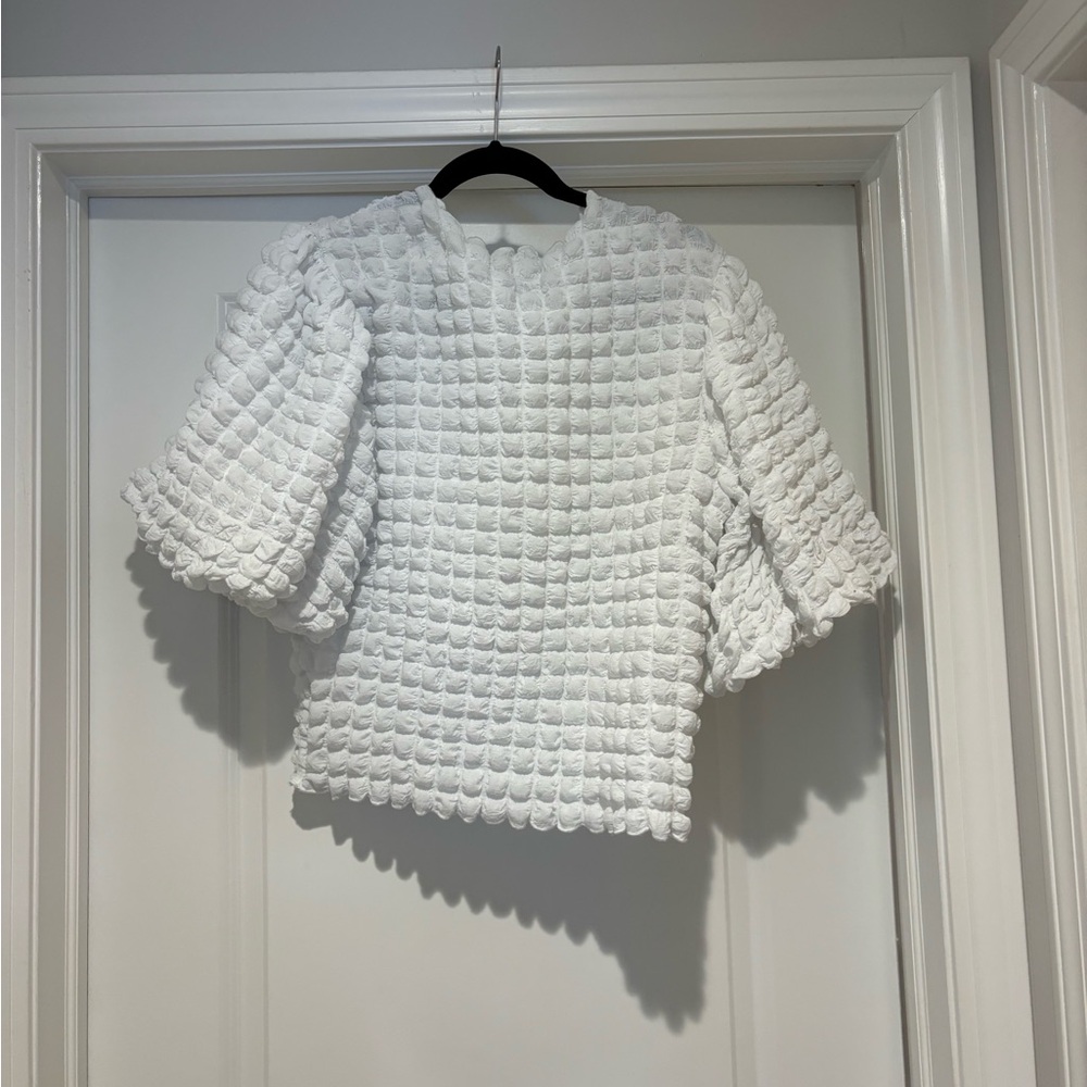 Anthropologie White Textured Bubble-Sleeve Top - Picture 3 of 5